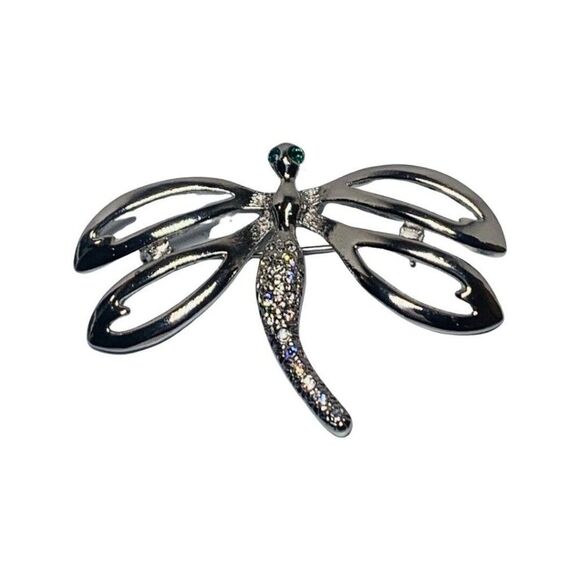 Shimmering Crystal Rhinestone Dragon Fly Vintage Silver Tone Brooch Pin 2.75” - Picture 11 of 15